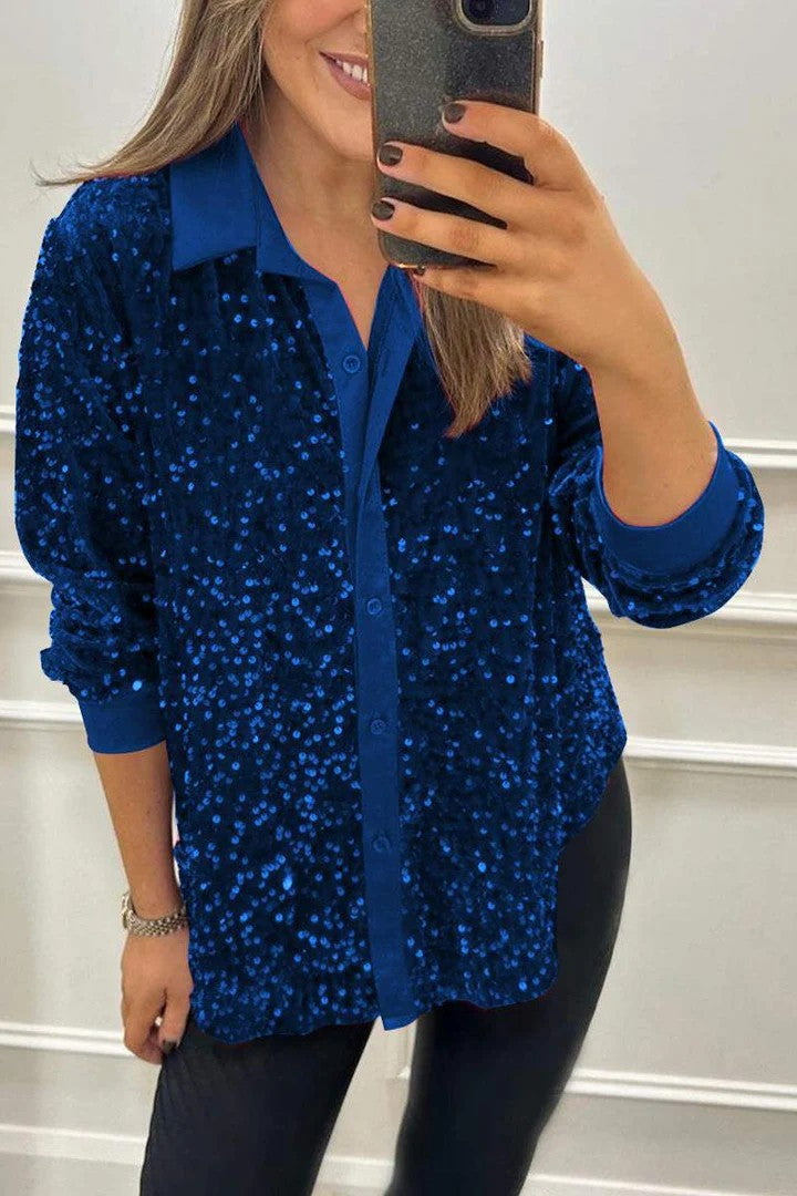 Damen Glitzernde Bluse aus Pailletten mit klassischem Kragen ModeGeist