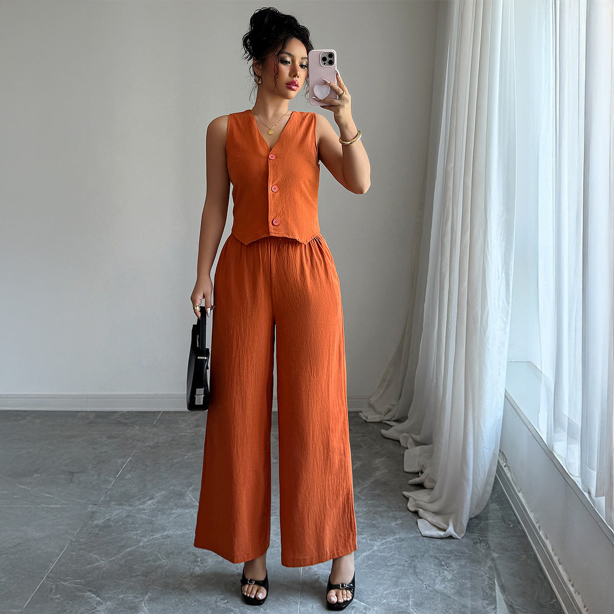 Modisches Damen-Overall-Set mit Knöpfen und weitem Bein