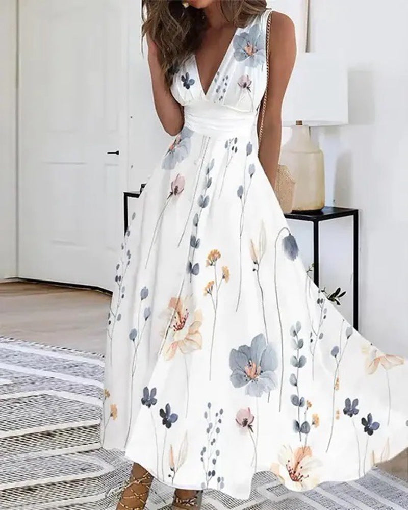 Elegantes Maxikleid mit Blumenmuster, A-Linie, V-Ausschnitt und feinen Trägern von MODEGEIST