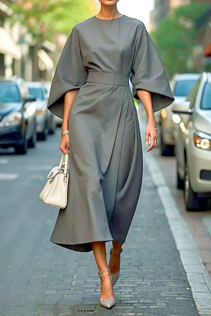 Damen Maxikleid mit eleganten Ballonärmeln und Taillengürtel ModeGeist