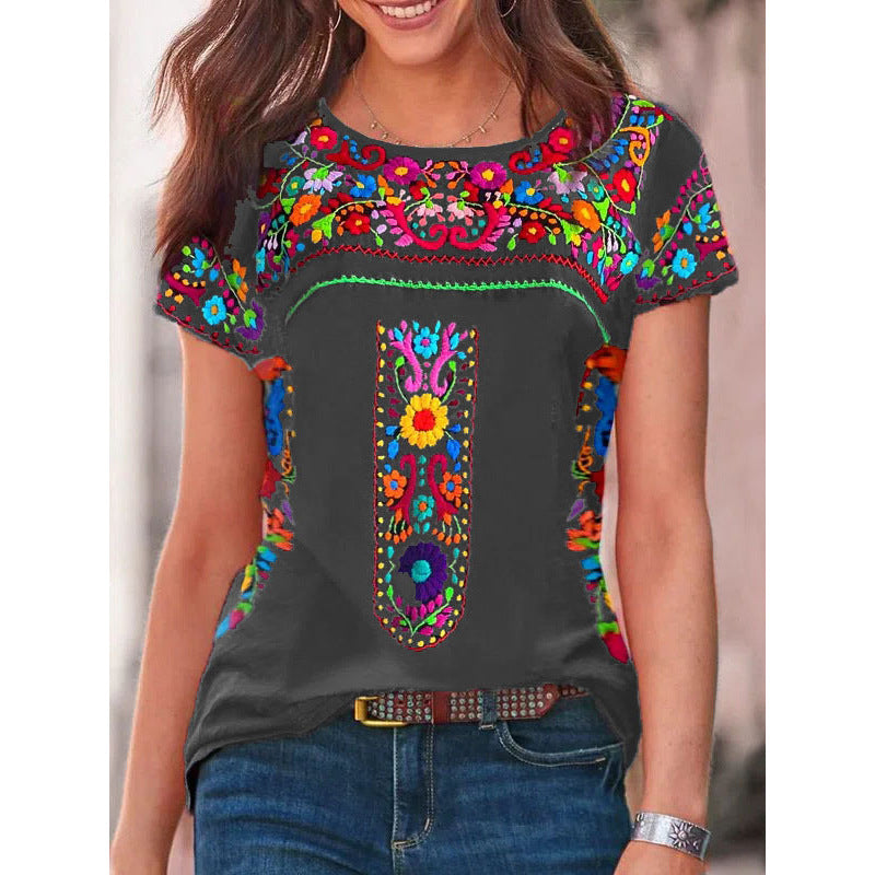 Modisches Damen-T-Shirt mit Stickerei, leuchtenden Farben und Rundhals-Ausschnitt