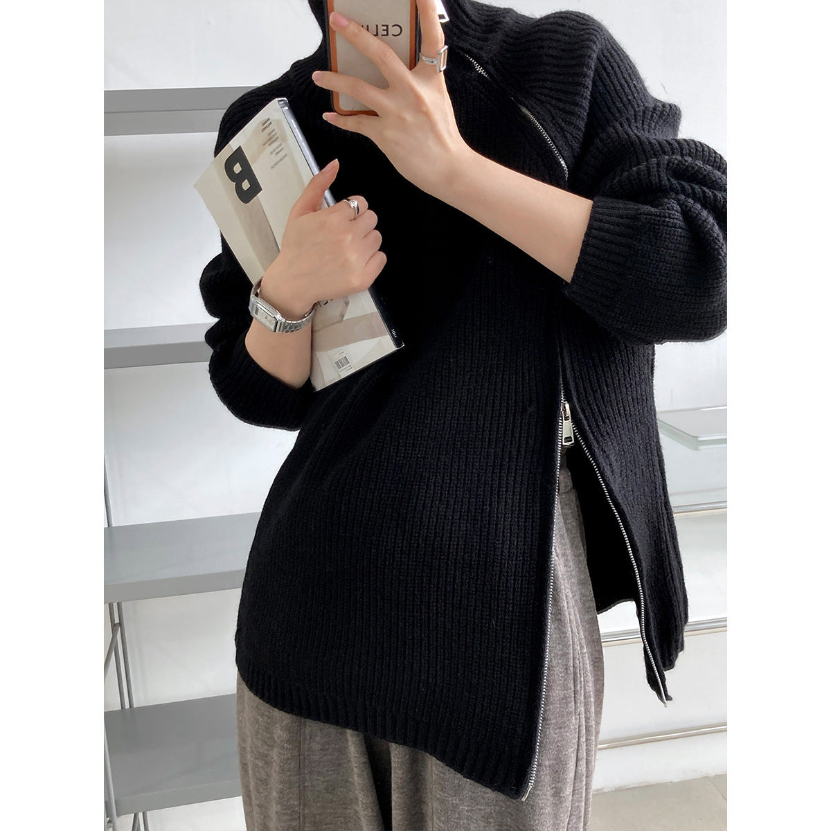 ModeGeist | Übergröße Gestrickter Damenpullover mit Kragen