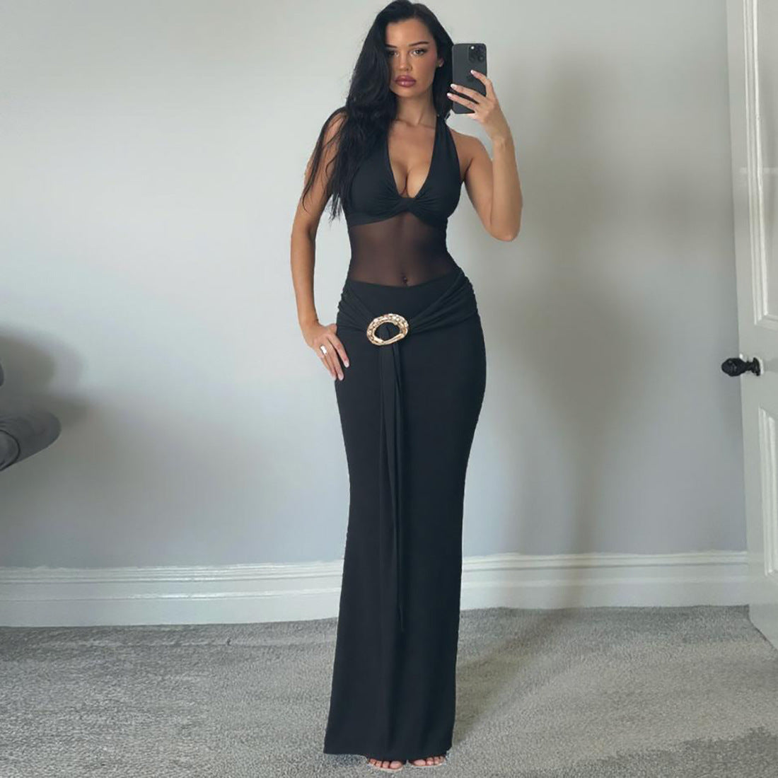 Damen Maxi-Überwurfkleid mit transparentem Material und eleganter Gürtelschnalle ModeGeist