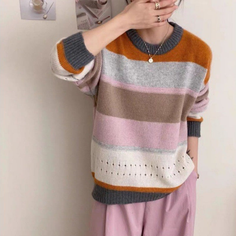 Damen Grob gestrickter Pullover mit lässigen Streifen ModeGeist