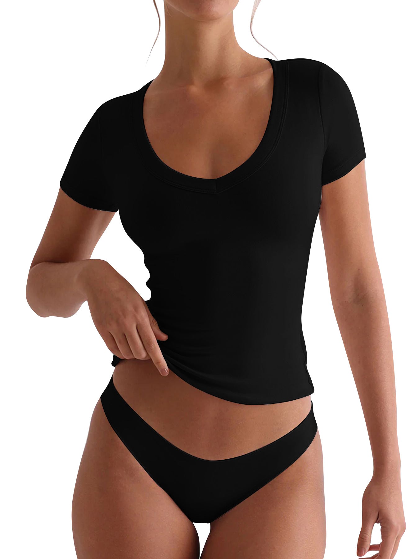Damen figurbetontes V-Neck T-Shirt mit kurzen Ärmeln ModeGeist