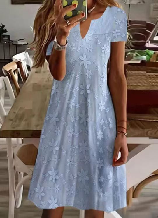 Modisches Damen-Freizeitkleid mit Blumen-Stickerei und V-Ausschnitt