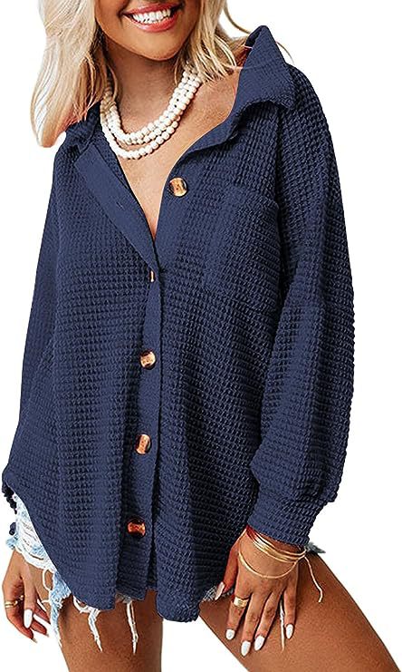 Damen lässige Waffle-Hemdenjacke mit Knopfverschluss ModeGeist