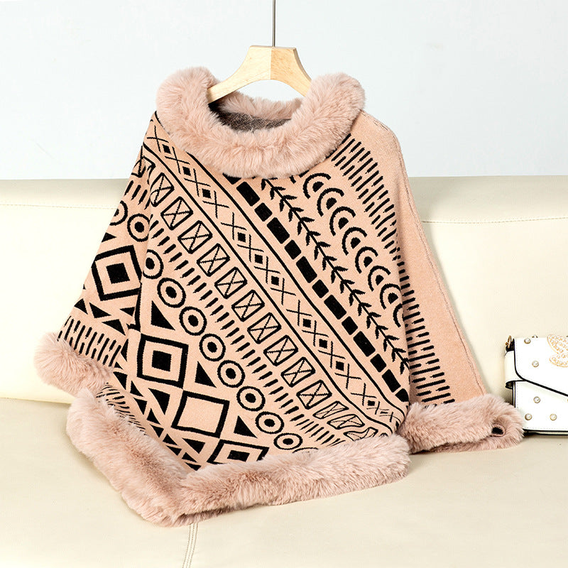Damen modischer Poncho mit dekorativem Kunstfellkragen ModeGeist