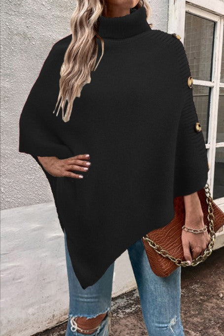 Damen Strick-Poncho mit hohem Kragen und Knopfdetails ModeGeist