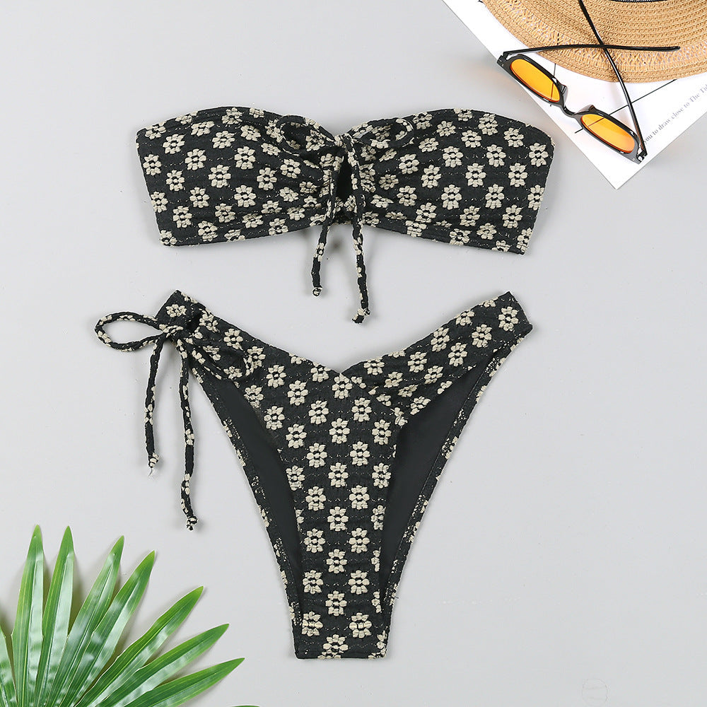 Modischer Damen-Bikini mit Blumenmuster, Bandeau-Oberteil