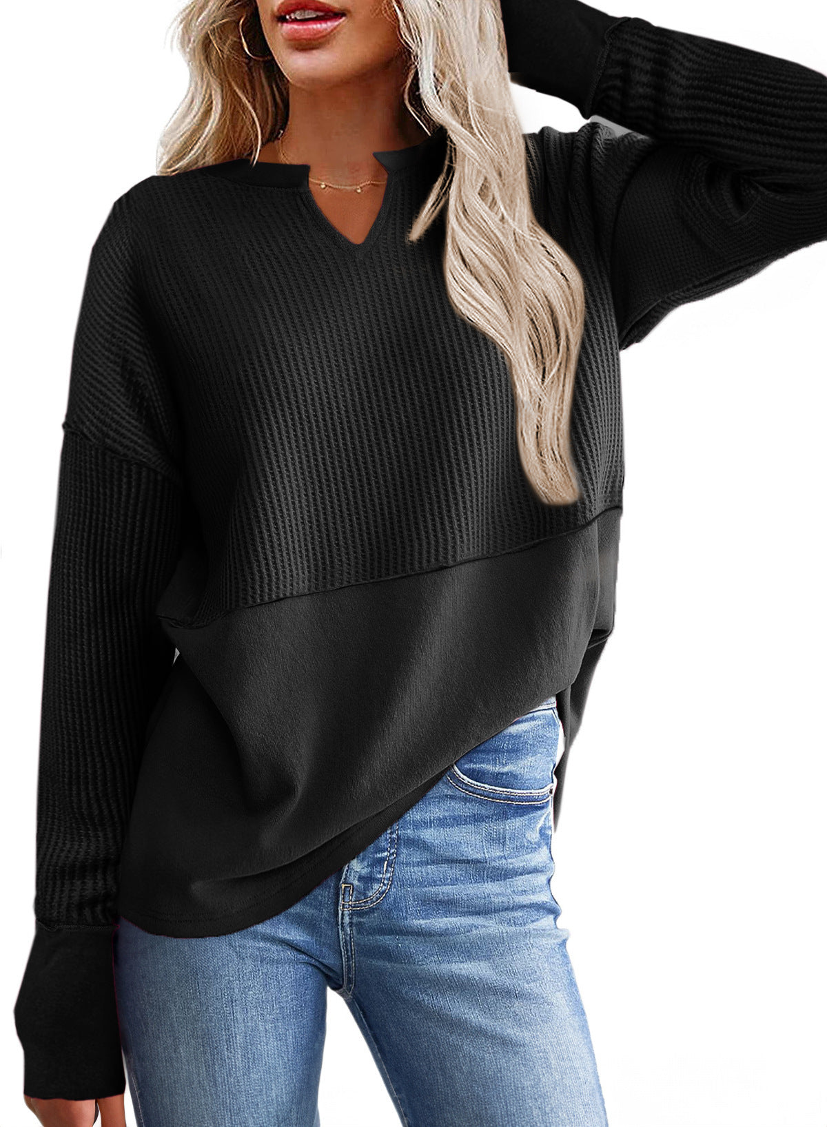 Damen lässiger Knit-Pullover mit V-Ausschnitt und Struktur ModeGeist