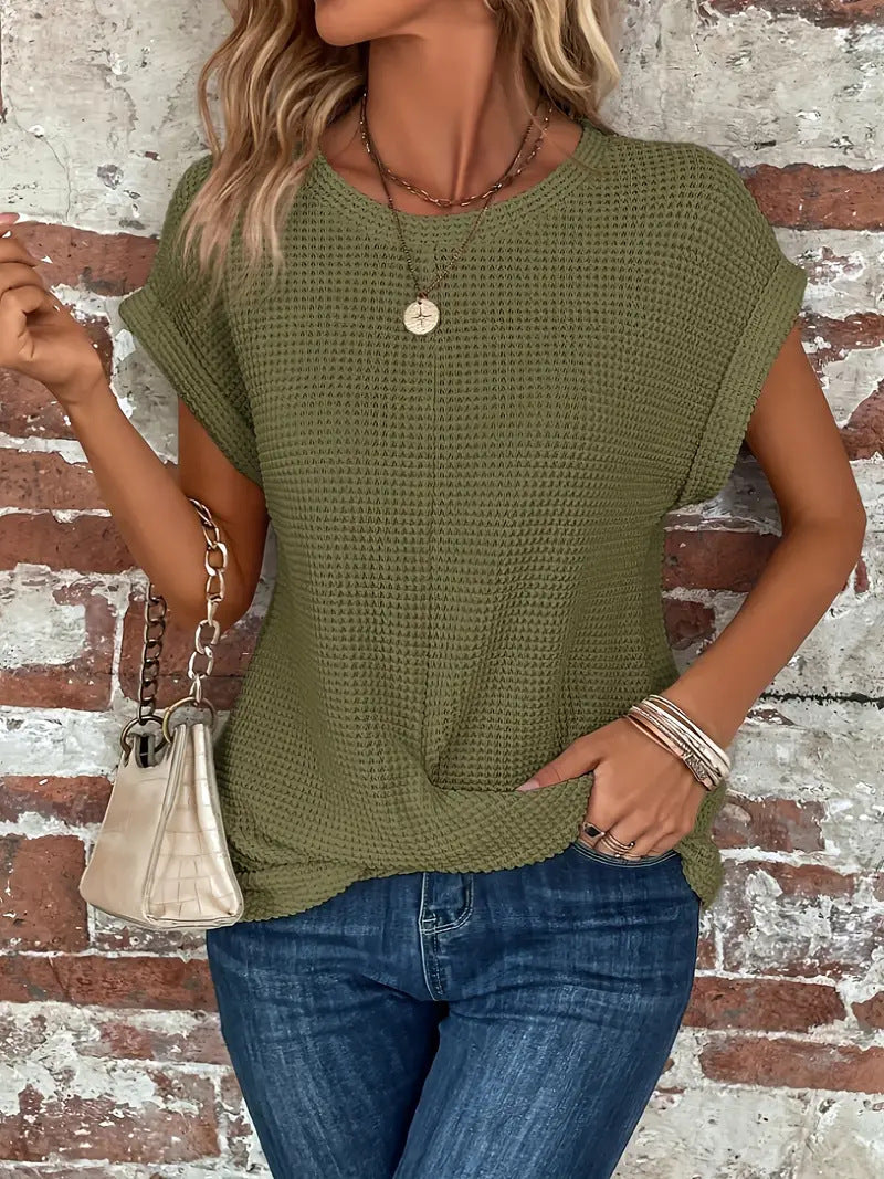 MODEGEIST Damen Casual T-Shirt Waffelstrick Kurze Ärmel Twist-Design