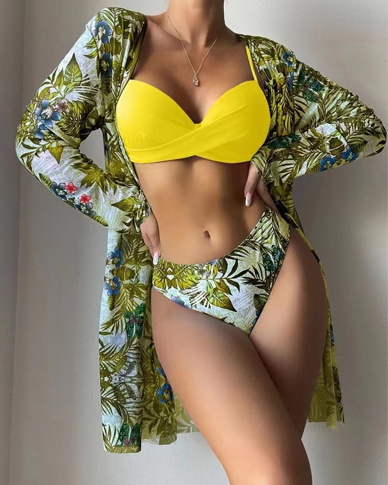 MODEGEIST Tropical Print Swim Cover-Up and Bikini Set for Women