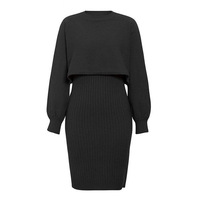 Damen gestricktes Midi-Kleid mit lässigem Cropped-Pullover-Oberteil und Rippenstruktur ModeGeist