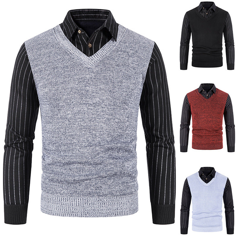 Herren Strickpullover mit V-Ausschnitt und kontrastierenden Ärmeln ModeGeist
