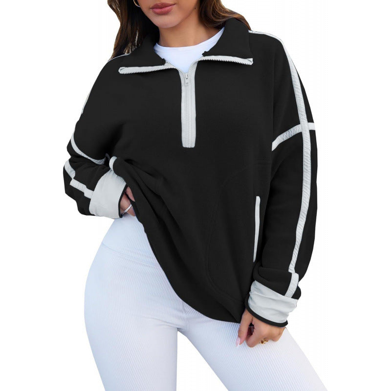 Damen Fleecpullover mit halbem Reißverschluss und kontrastierenden Ärmeln ModeGeist