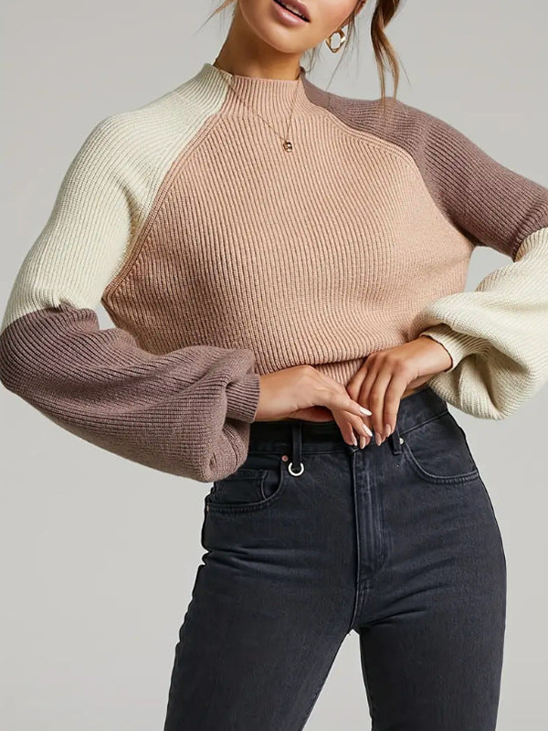 ModeGeist | Pullover Sweatshirt Übergröße Fit Gerippter Strick Mock Neck Glockenärmel