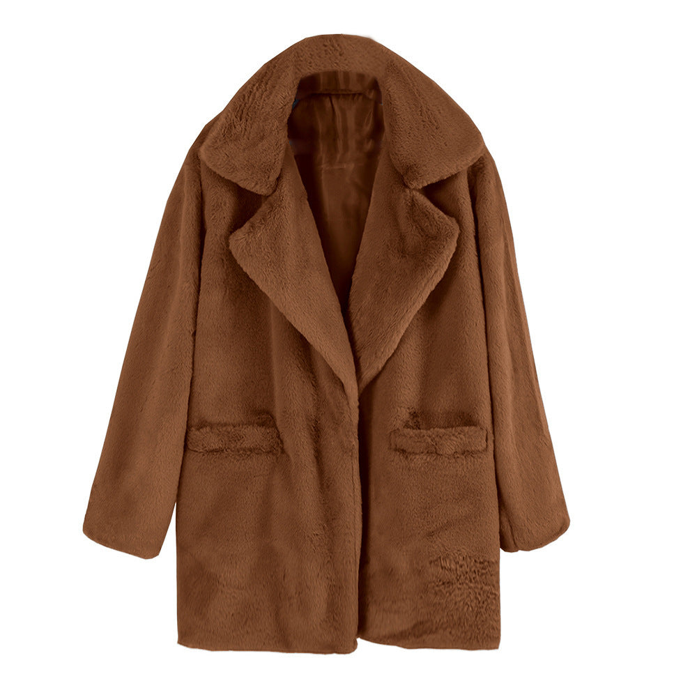 Damen Elegante Kunstfell-Jacke mit aufgesetzten Taschen und großem Revers ModeGeist