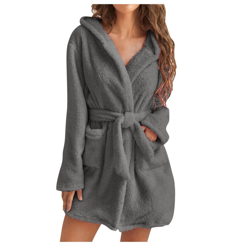 Modische Damen-Fleece-Bademäntel mit Kapuze und Taschen