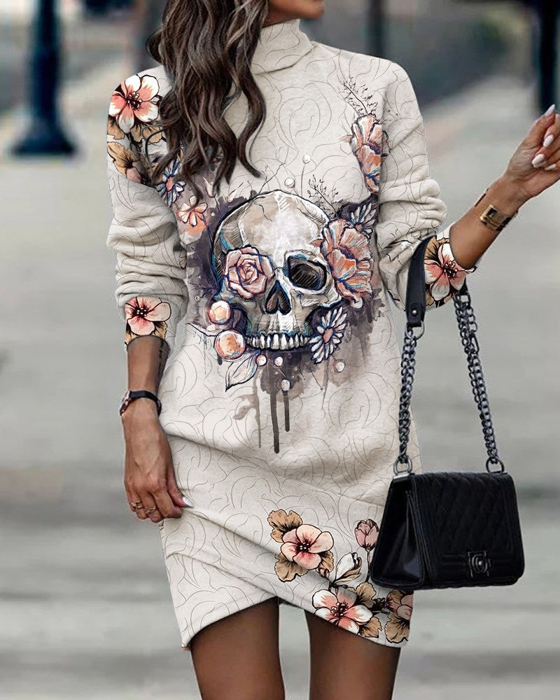Damen Sweatshirtkleid mit grafischem Totenkopf-Design und Blumen ModeGeist