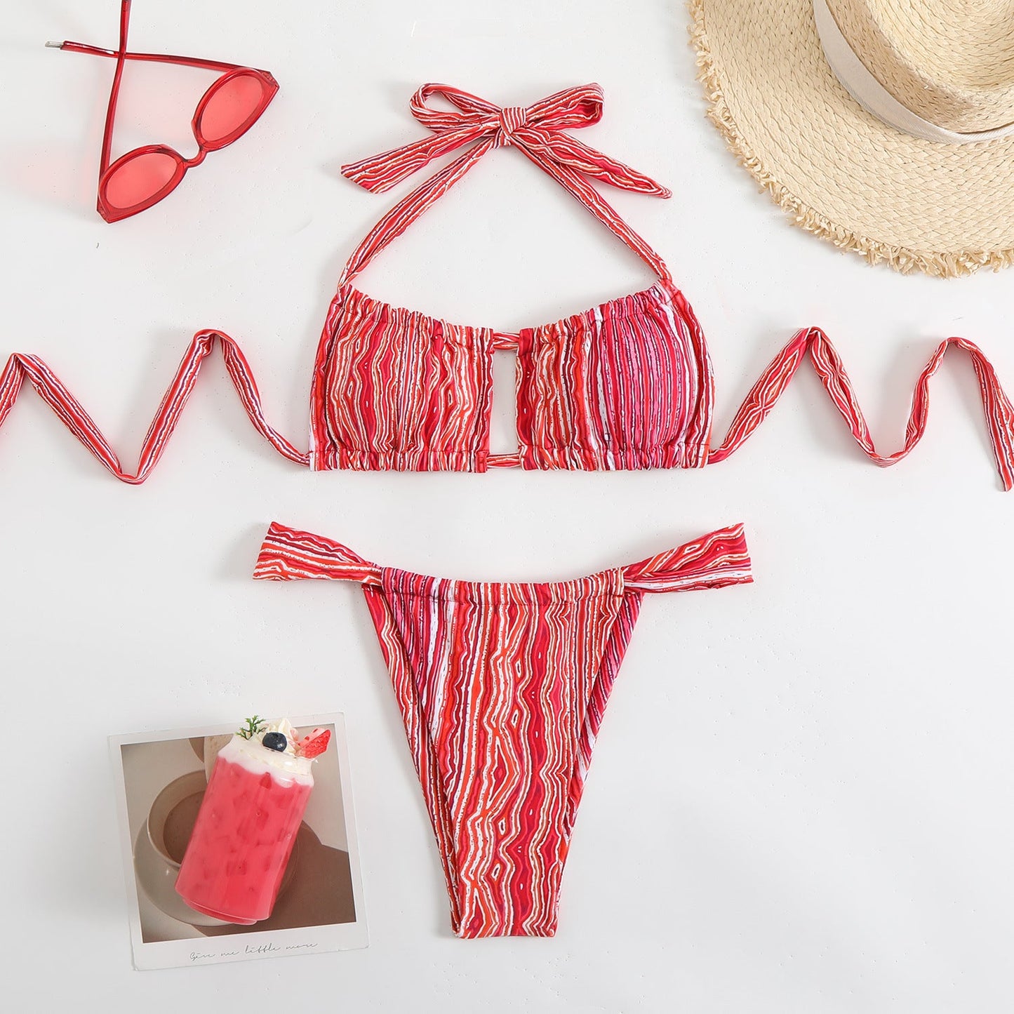 Women's Strappy Tie-Front Bikini Set with Patterned Details by MODEGEIST