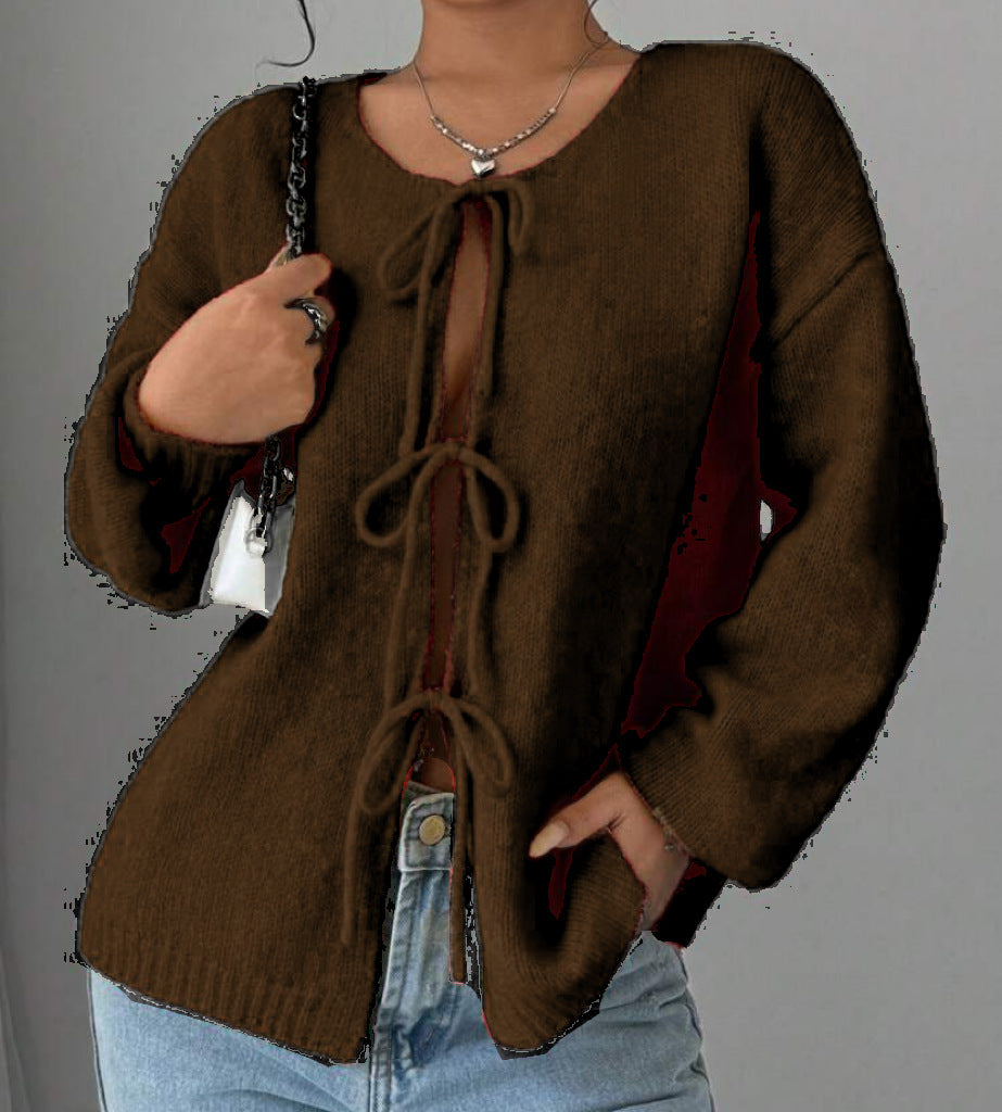 Damen Oversized Strickpullover mit dekorativem Schnürdetail ModeGeist