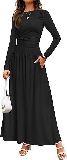 Damen Langärmliges Maxikleid mit eleganten Rüschendetails und praktischen Taschen ModeGeist