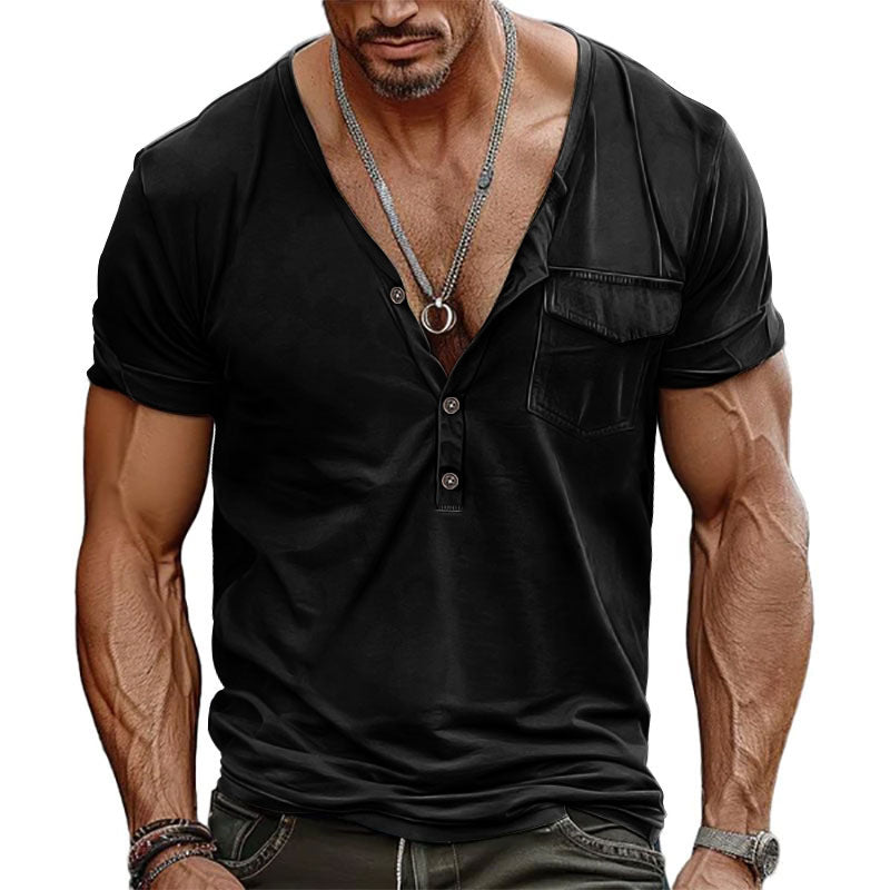 Herren Kurzarm-Henley-T-Shirt mit dekorativer Brusttasche und modernem Schnitt ModeGeist