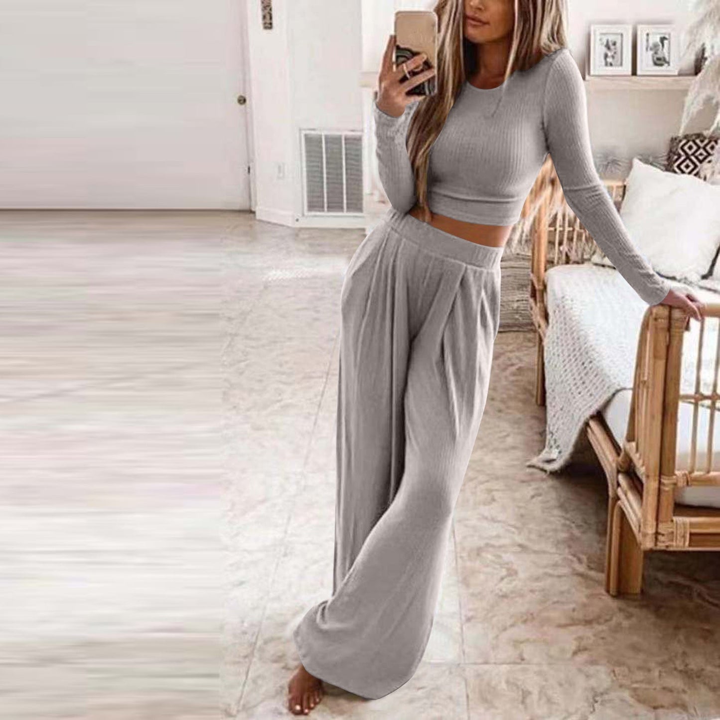 Damen Elegantes Lounge-Set mit langärmeligem Oberteil und weiten Hosen ModeGeist