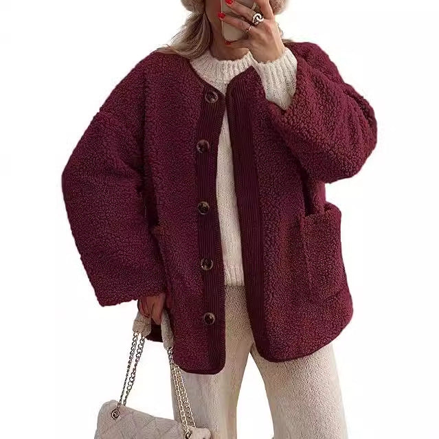 Damen kuschelige Teddyjacke mit farblich abgestimmtem Kragen ModeGeist