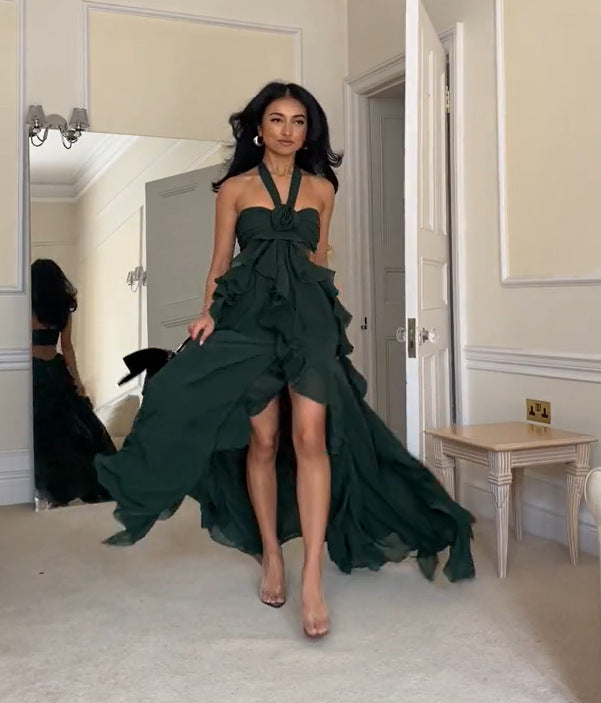 Damen Maxi-Brautkleid mit voluminösem Rüschendesign und elegantem Halterneck ModeGeist