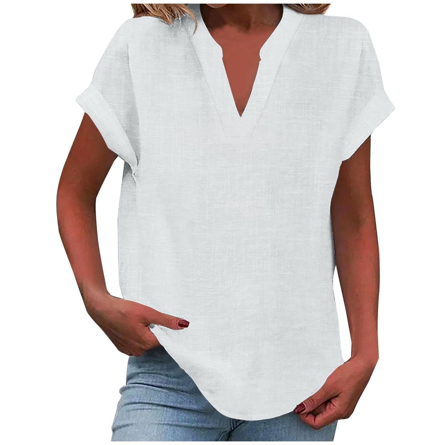 MODEGEIST Damen V-Ausschnitt Bluse Relaxed Fit Leichter Stoff Weiß
