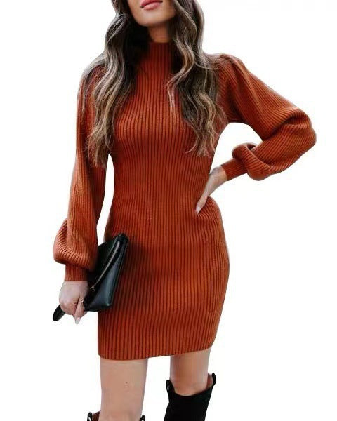 Damen Strickkleid mit hohem Kragen und Puffärmeln ModeGeist