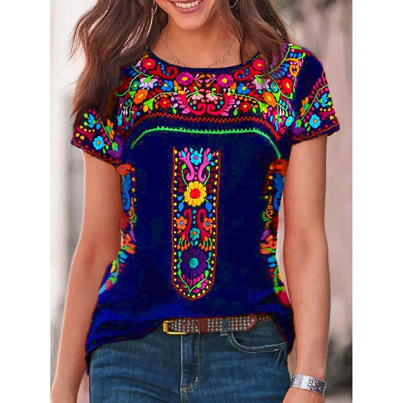 Modisches Damen-T-Shirt mit Stickerei, leuchtenden Farben und Rundhals-Ausschnitt