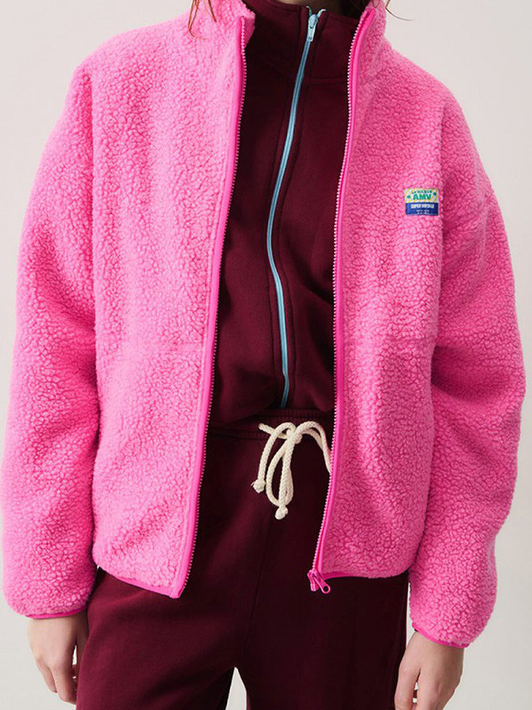 Damen Plüschjacke mit hohem Kragen und seitlichen Taschen ModeGeist