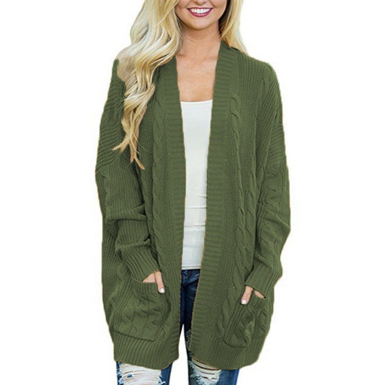 Damen lässige Strickjacke mit Kabelmuster und großzügigen Taschen ModeGeist