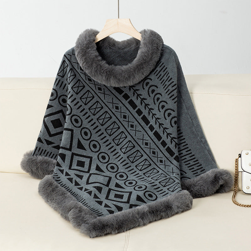 Damen modischer Poncho mit dekorativem Kunstfellkragen ModeGeist