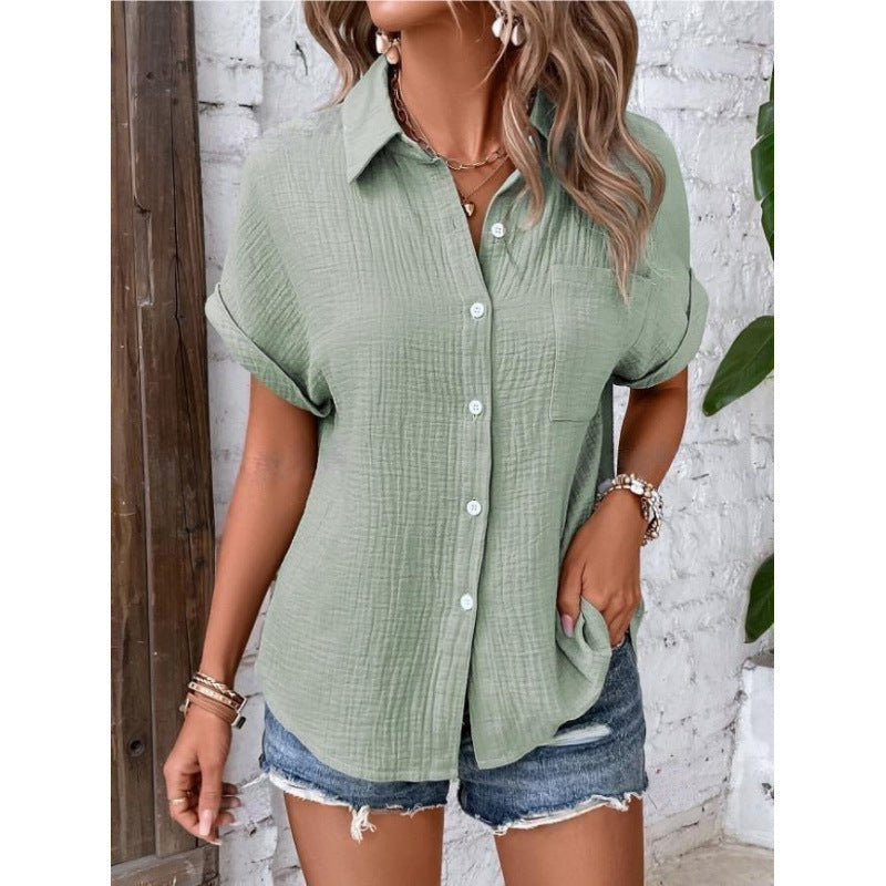 Atmungsaktive Damen-Baumwollmix Bluse mit Kurzarm und strukturierter Oberfläche - lässiger Style