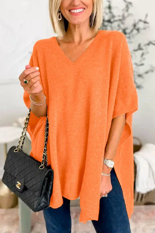 Damen lässiger Strickponcho mit V-Ausschnitt und überschnittenen Ärmeln ModeGeist