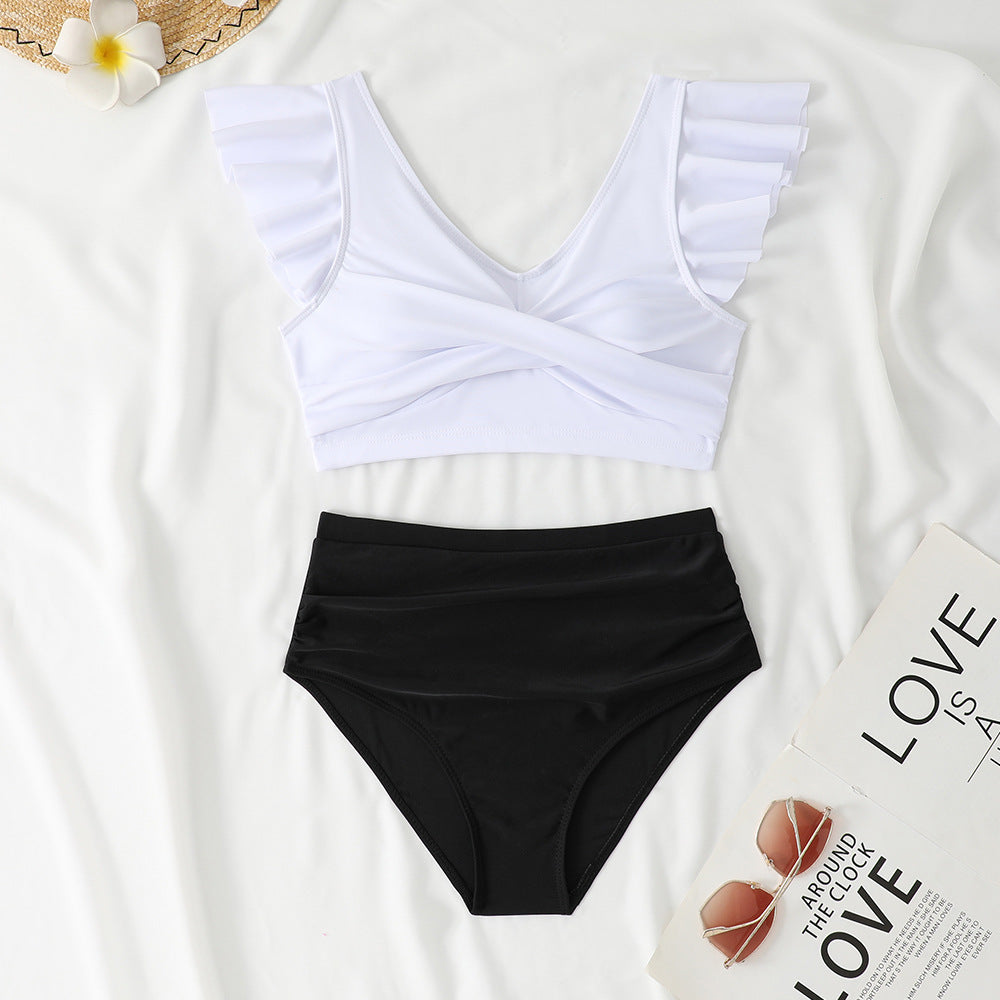 Stylish Women's Ruffle Crop Top and High-Waisted Bikini Bottom Set
