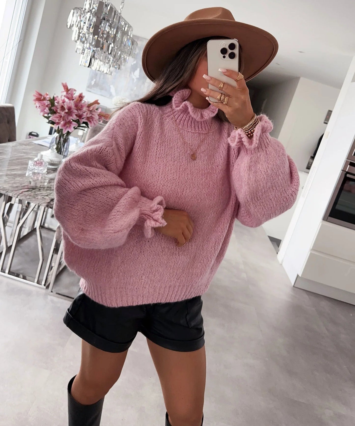 Damen kuscheliger Rollkragenpullover mit weiten Ärmeln und strukturellem Design ModeGeist