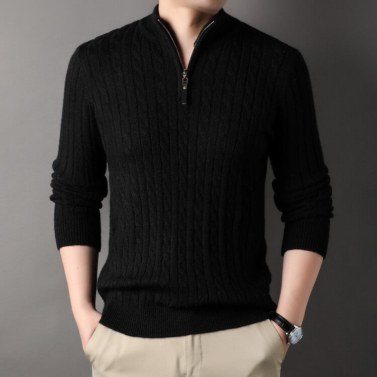 Herren Pullover mit Zipper und strukturiertem Zopfmuster ModeGeist