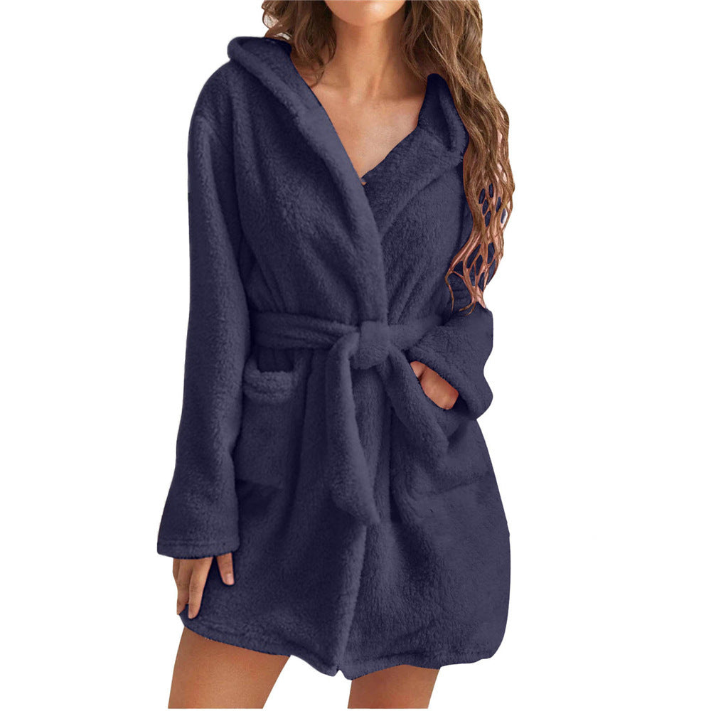 Damen Fleece Bademantel mit Kapuze und Gürtel ModeGeist