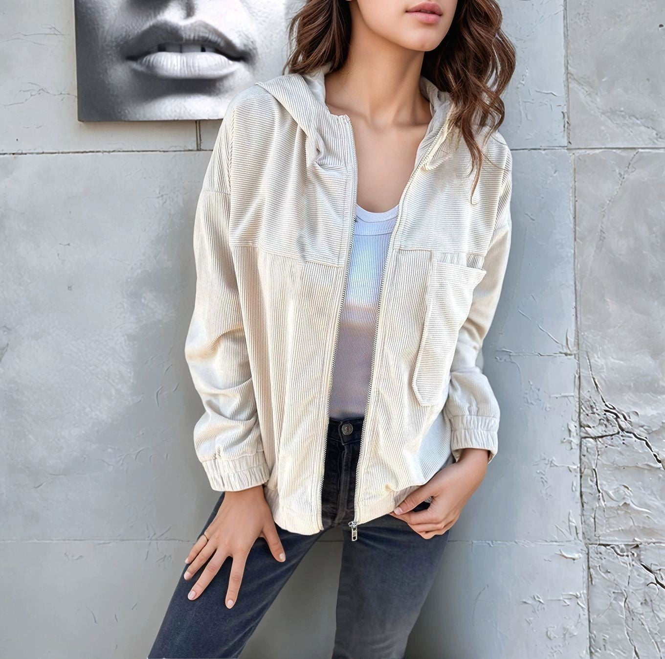 Damen lässige Cordjacke im modernen Stil mit Reißverschluss und praktischem Kragen ModeGeist