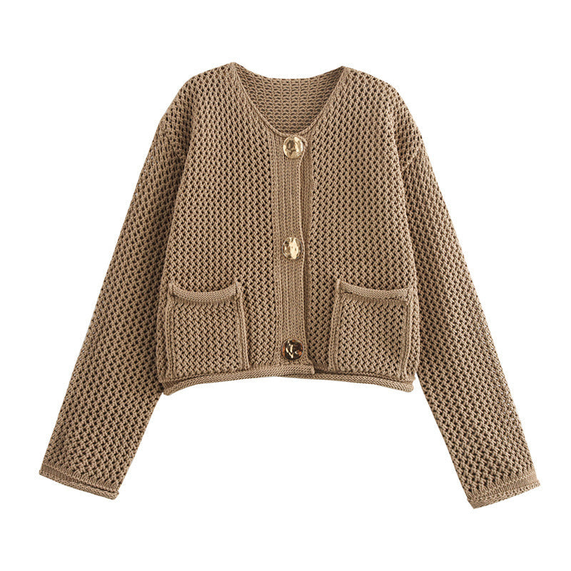 Damen Modische Strickjacke mit dekorativem Häkelmuster ModeGeist