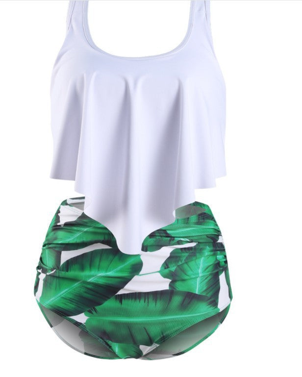 Modischer Damen Badeanzug mit Rüschen, Blumenmuster, Tanktop und hochtaillierter Hose