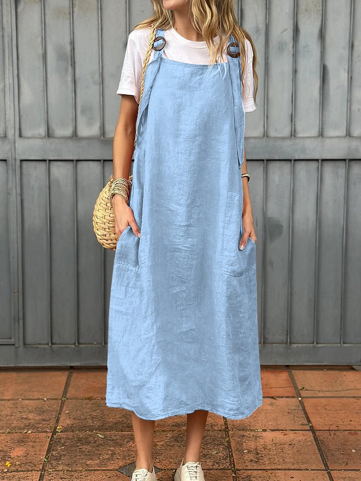 Damen lässiges Leinen-Trägerkleid mit praktischen Taschen ModeGeist