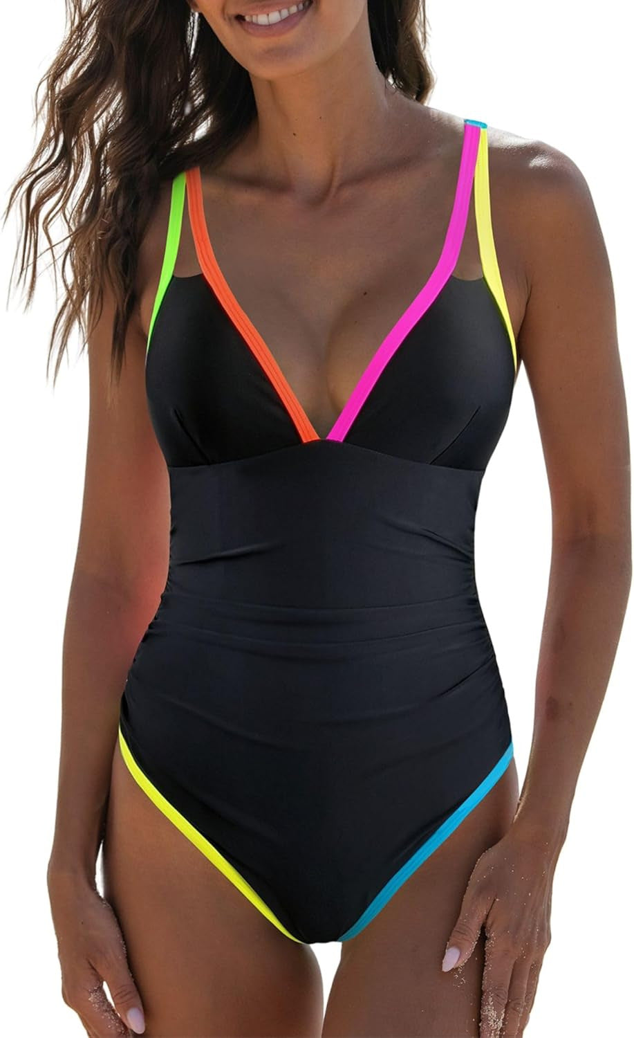 Modischer Damen-Badeanzug mit V-Ausschnitt und Farbblock-Design
