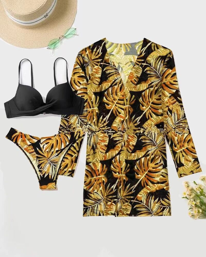 MODEGEIST Tropical Print Swim Cover-Up and Bikini Set for Women