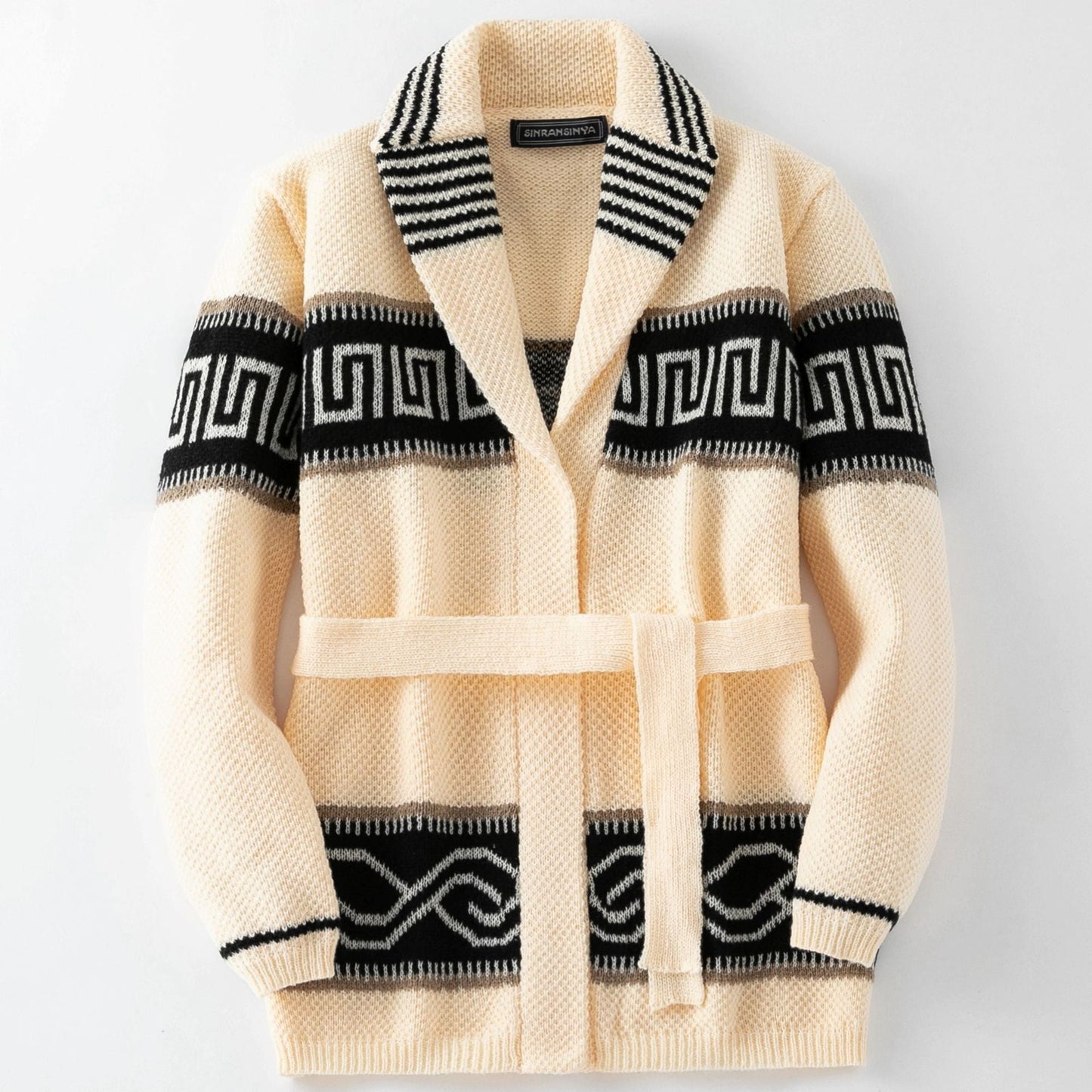 Damen Modische Strickjacke mit Gürtel und geometrischem Muster ModeGeist